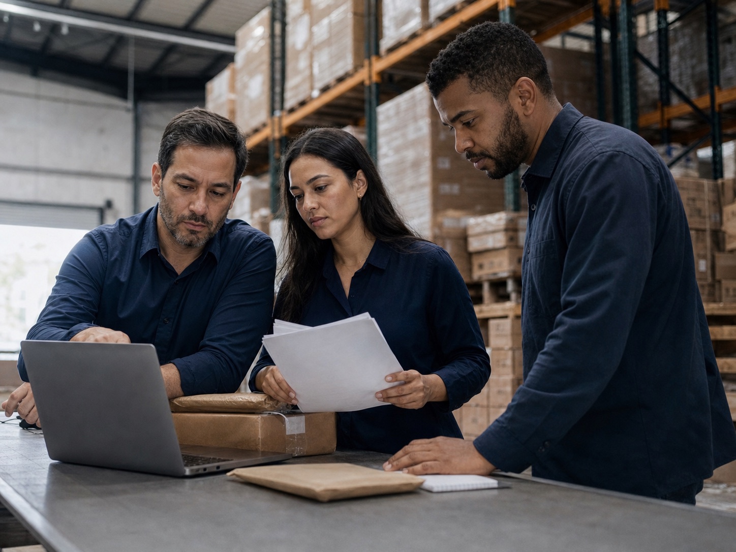 Equipe de comércio exterior analisando documentos em um centro logístico